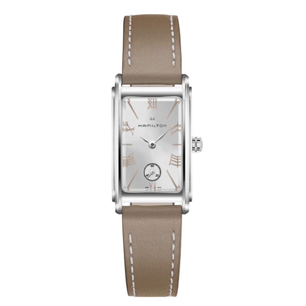 Hamilton American classic Ardmore quartz watch with brown leather strap, silver rectangular case and silver dial with Roman numerals.