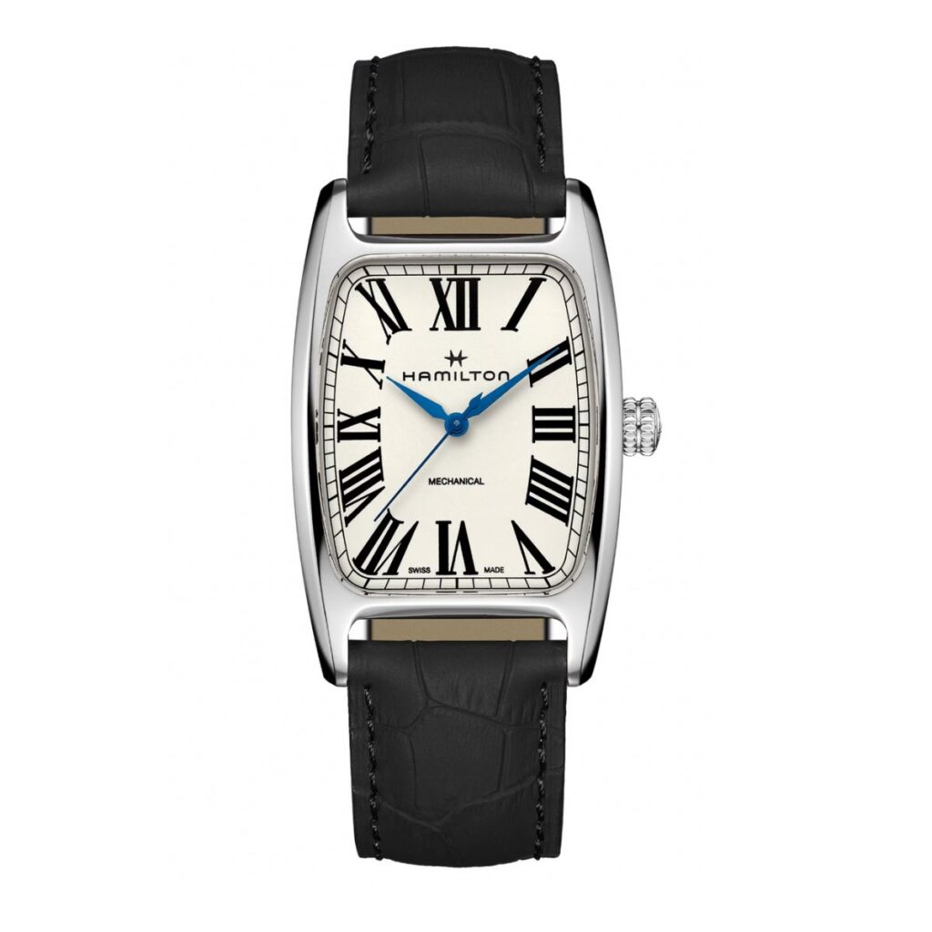 Hamilton American classic Boulton mechanical watch with silver case, retro rectangular dial, and black leather strap.