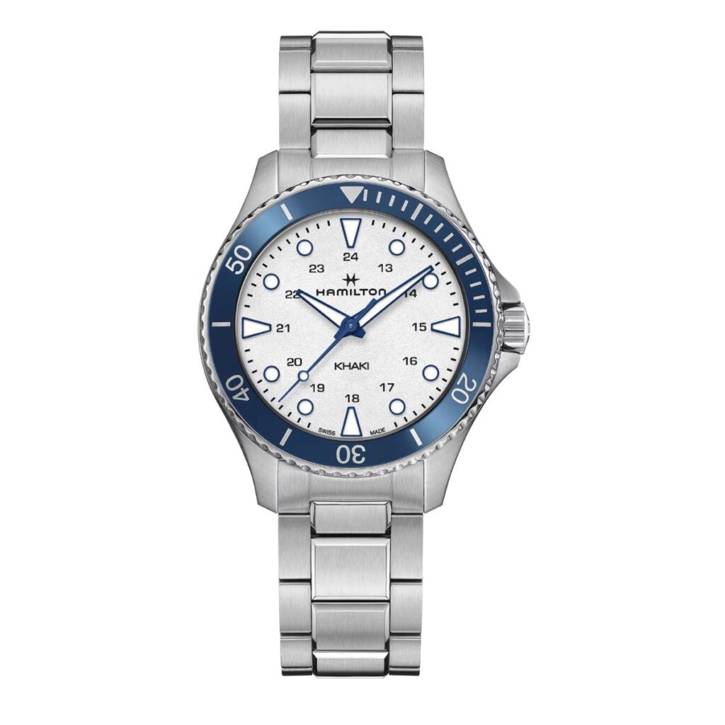 Hamilton American classic intra matic auto watch with silver bracelet and blue bezel.