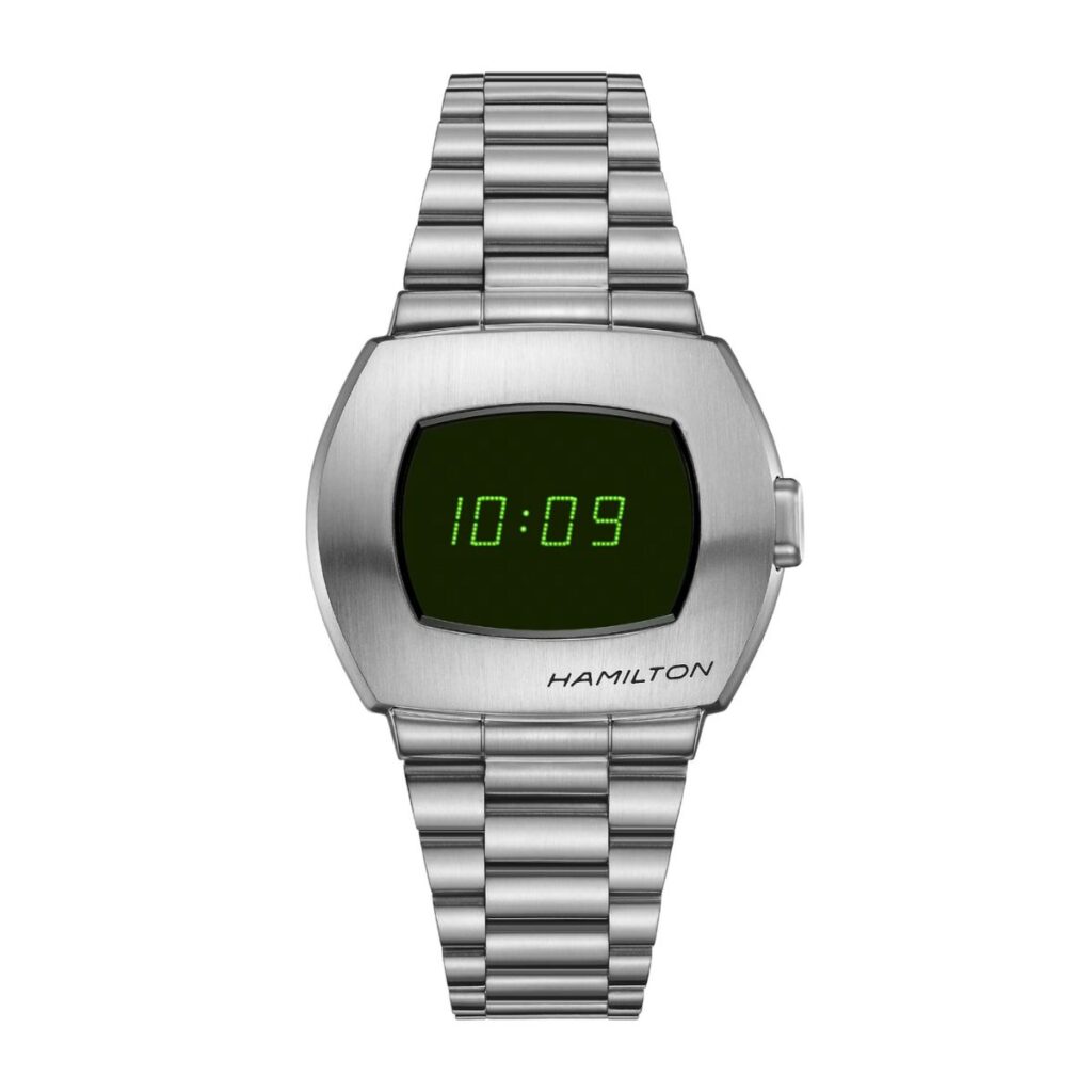 Hamilton American classic PSR digital watch with silver bracelet, silver case and neon green LCD lights.