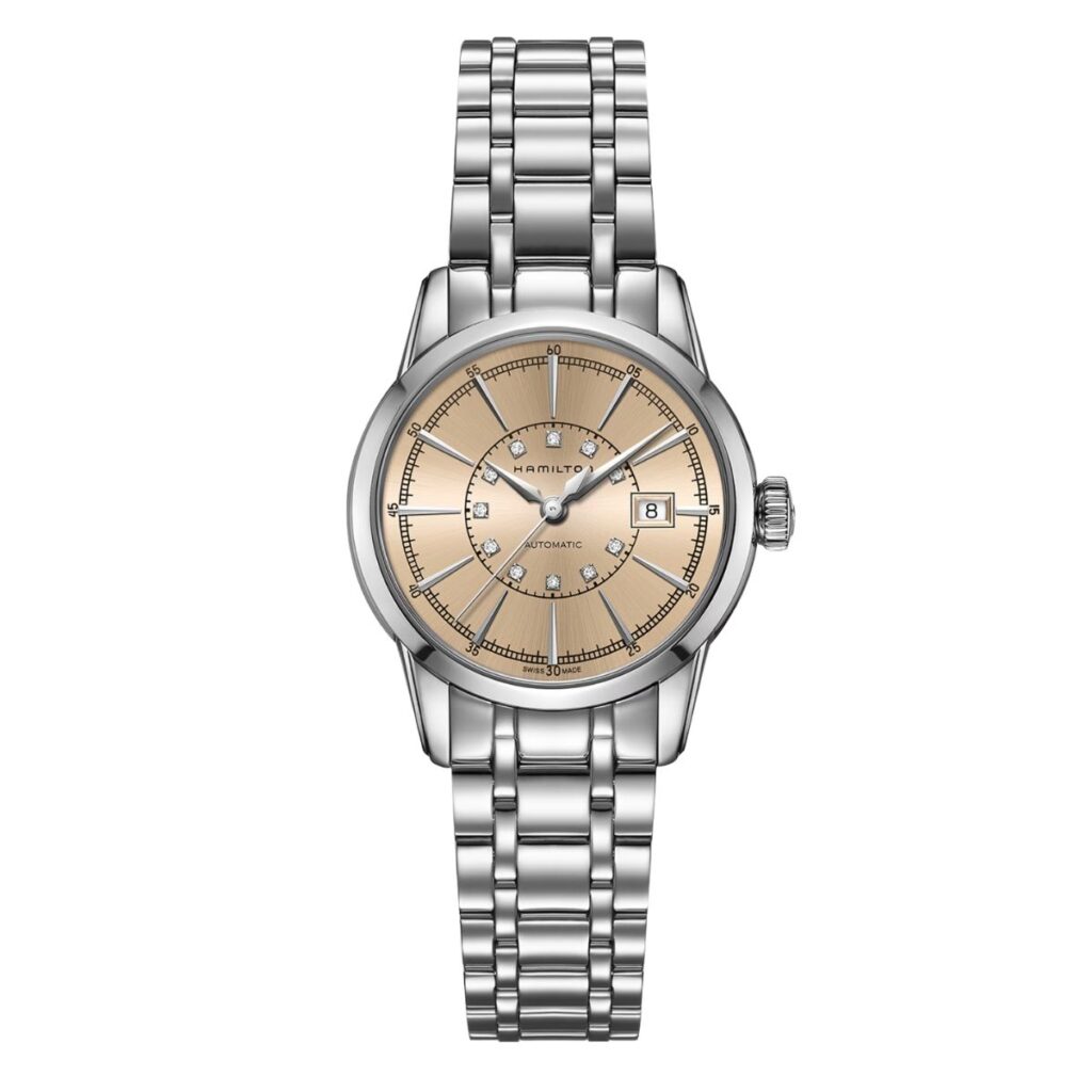 Hamilton American classic railroad lady watch with silver case, silver bracelet and gold dial with diamonds.