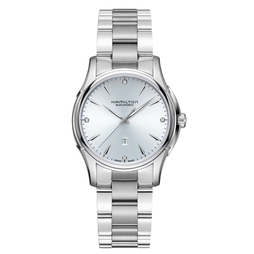 Hamilton Jazzmaster Lady auto with silver case and sky blue dial.