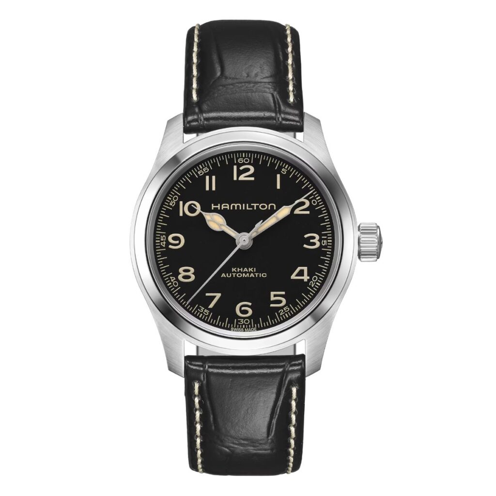 Hamilton Khaki Field Murph 38mm watch with black leather strap, silver case and black dial.