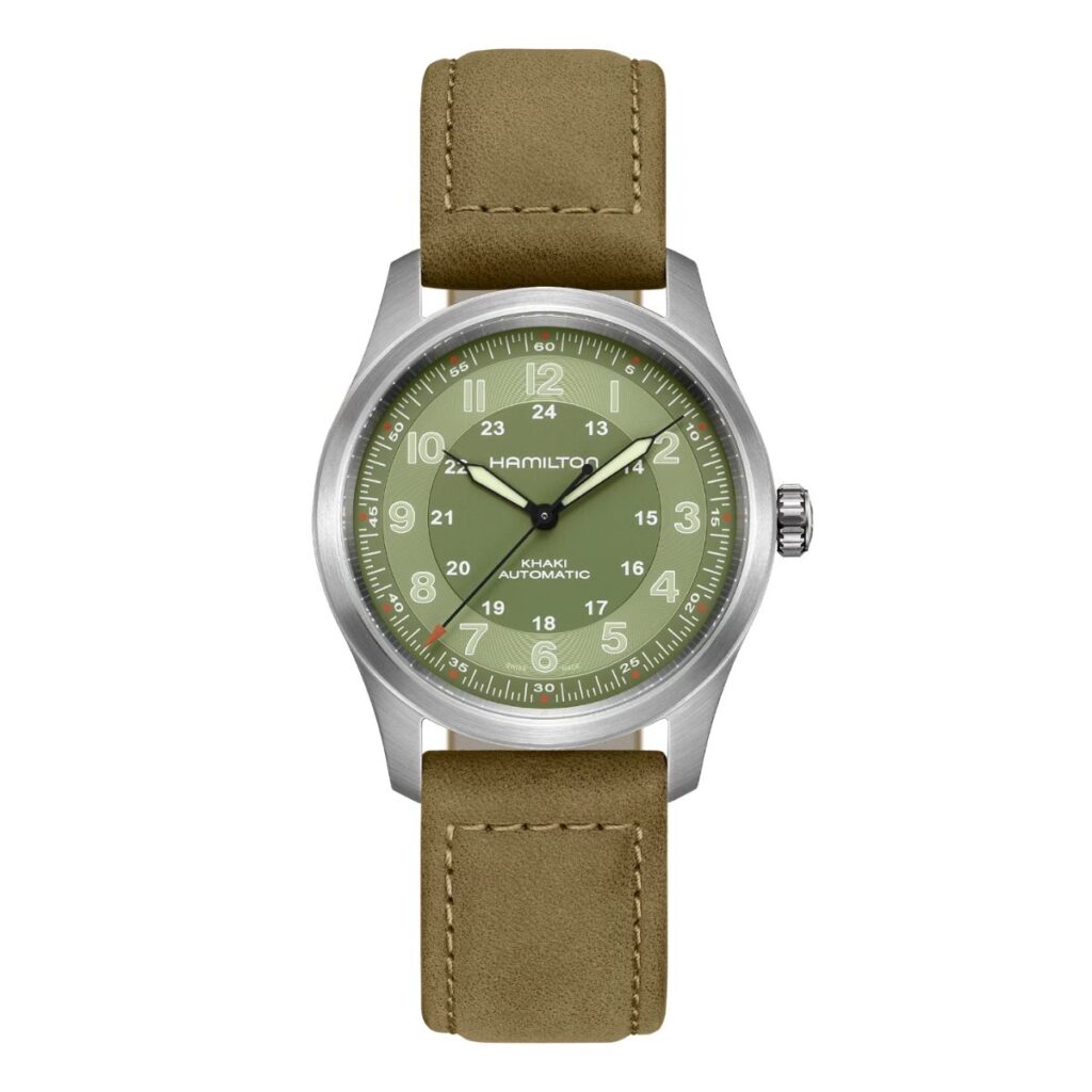 Hamilton Khaki field Titanium auto watch with khaki strap and green dial.