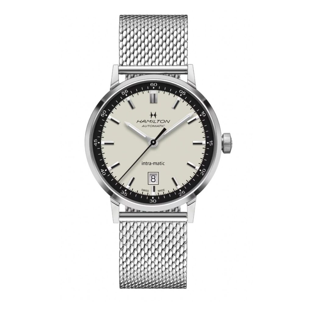 Hamilton American Classic intra-matic auto watch with Silver metal and white dial with black edge.