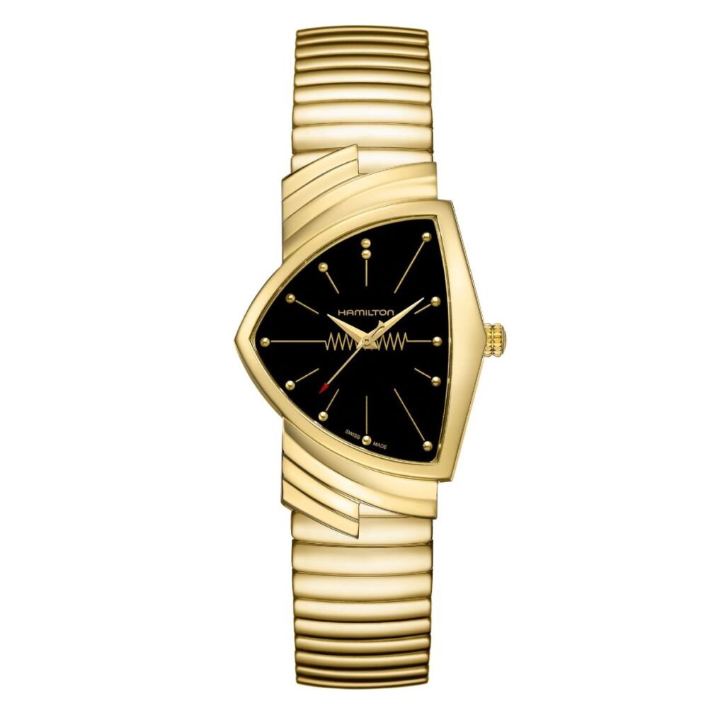 Hamilton Ventura Quartz watch in gold with black dial.