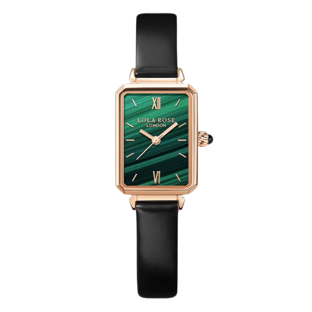 Green dial Lola Rose watch with black leather strap.