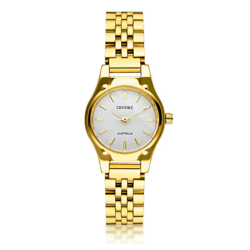 Gold Cendre round small watch with gold bracelet and white dial.