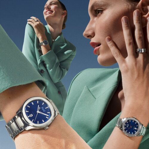 Thumbnail image for Best Blue Dial Watches story, showing a woman wearing different Piaget blue dial watches.